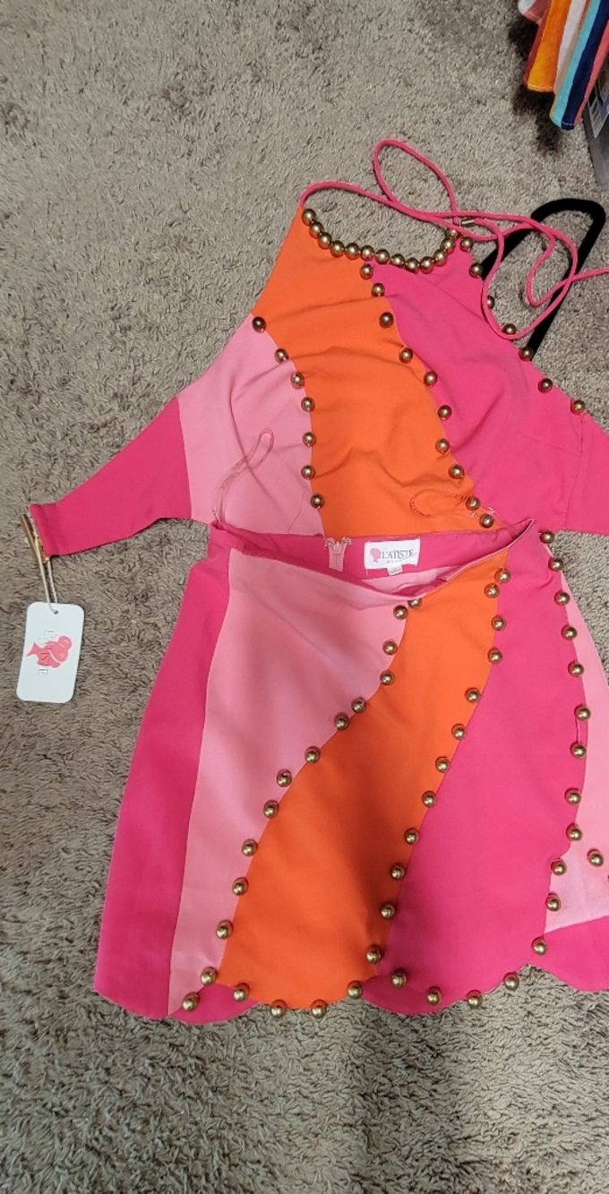 L'ATISTE Pink & Orange Studded Halter Mini Dress